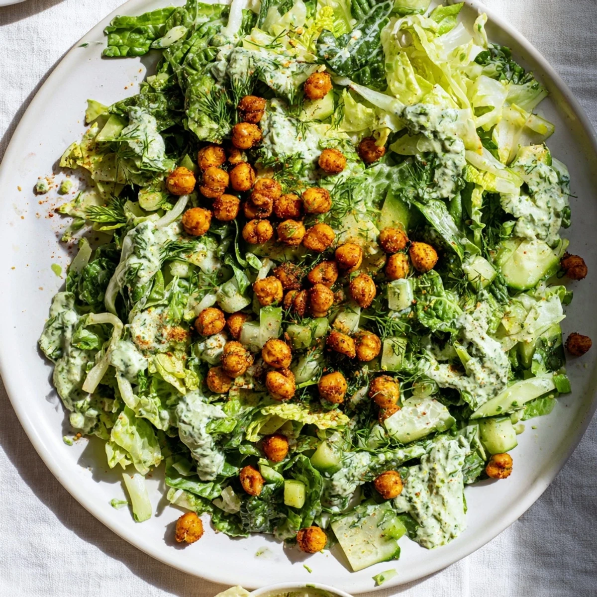 Fresh Green Goddess Salad showcasing bright green veggies and crunchy air-fried chickpea topping for a tasty lunch.