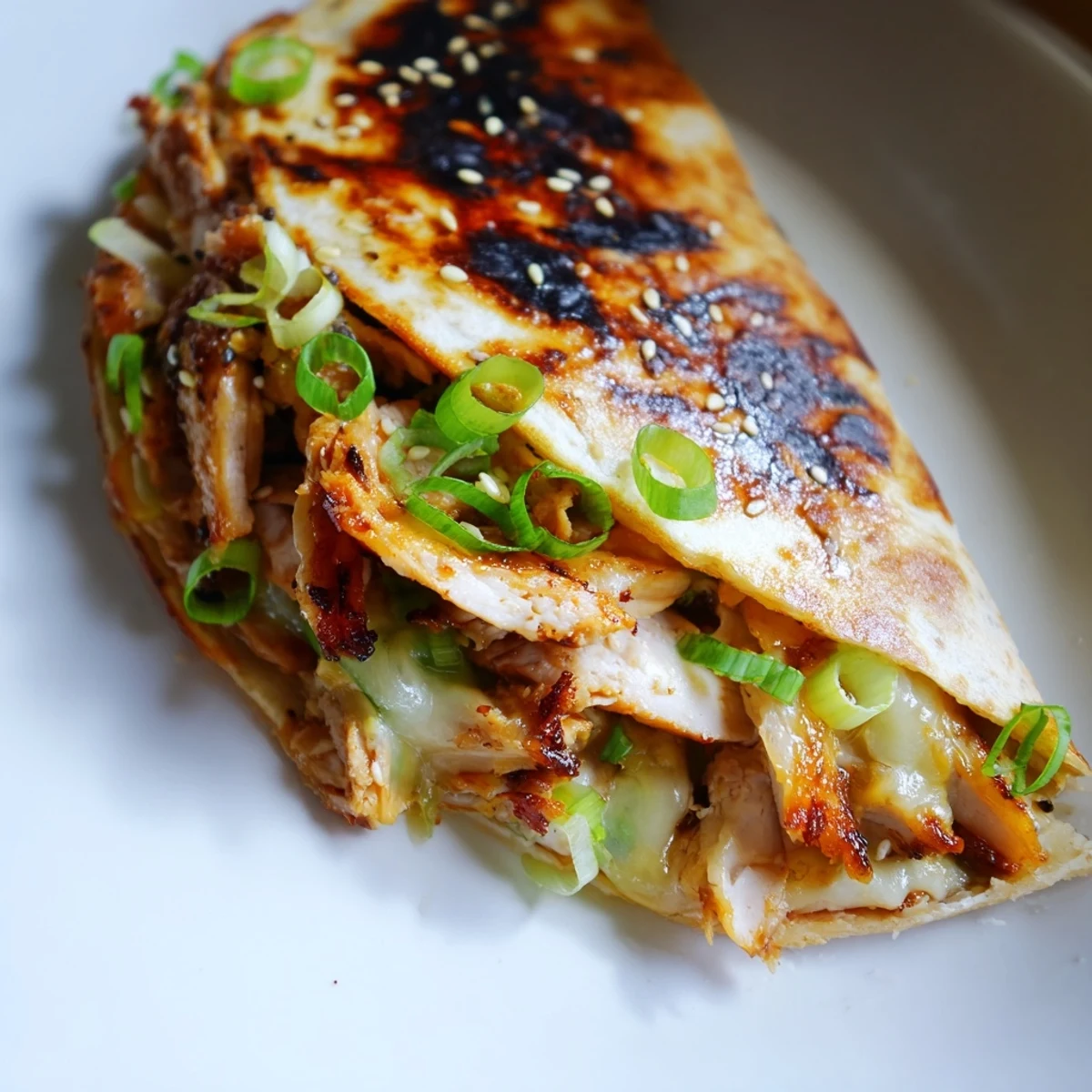 Crispy Korean BBQ chicken wrap grilled cheese, featuring melted cheddar and mozzarella, ready to be sliced.