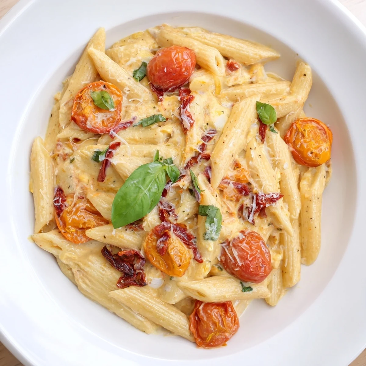 Creamy Baked Feta Pasta with vibrant tomatoes, fresh basil, and a perfectly melted feta block.