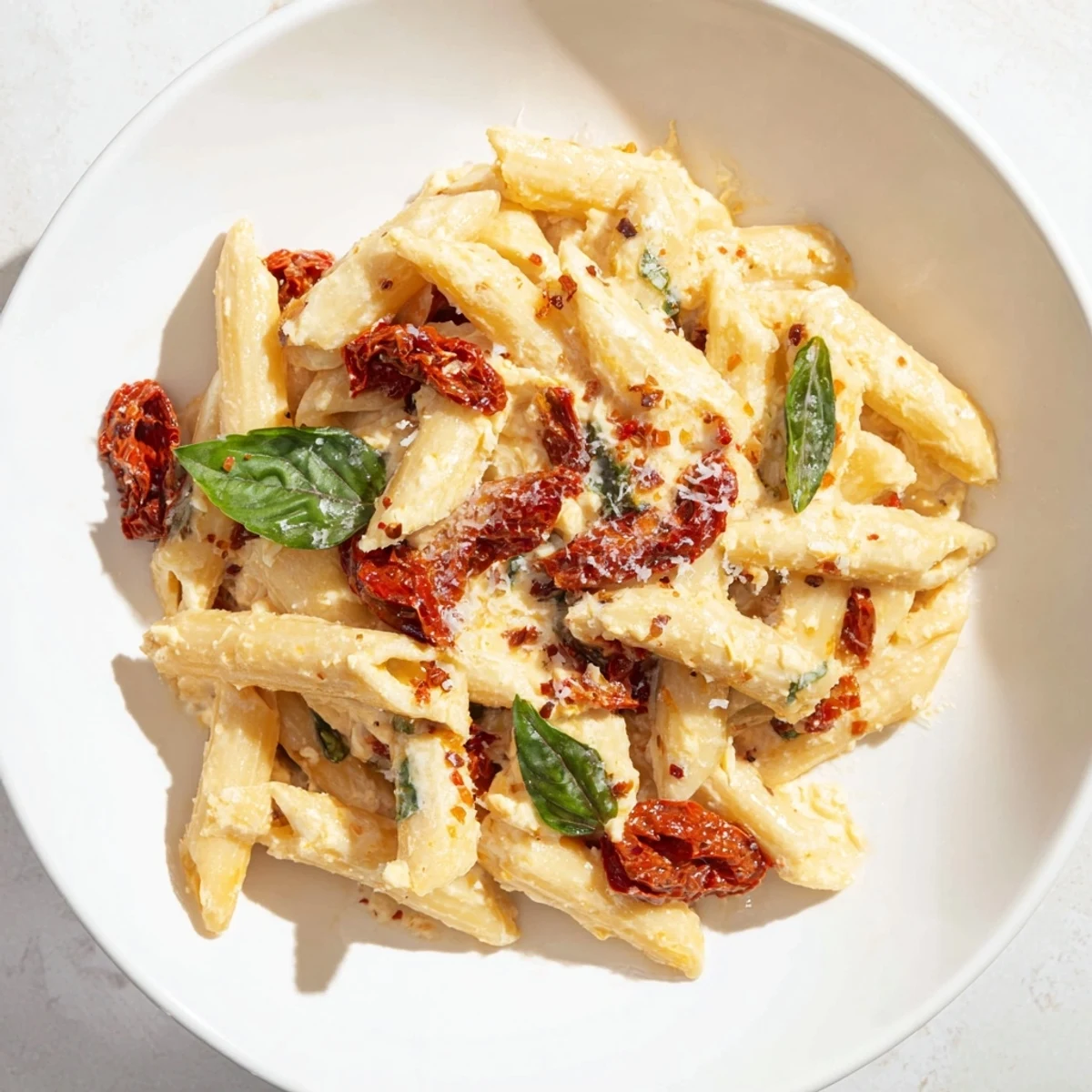 A close-up view of steaming, herb-infused Baked Feta Pasta, ready for a delicious meal.