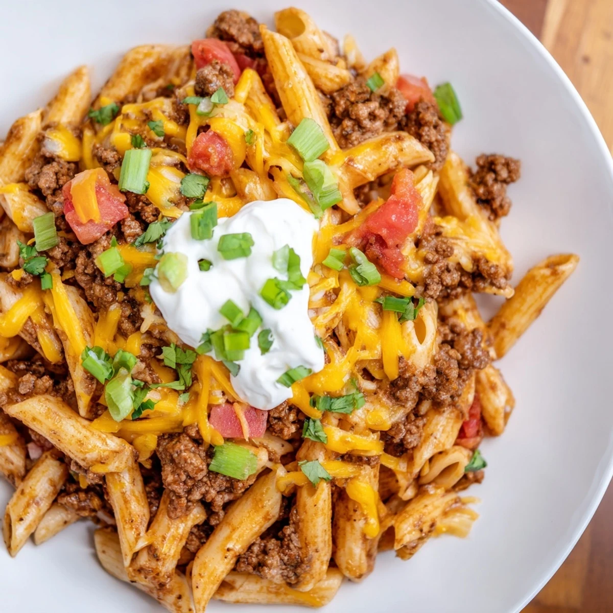A steaming bowl of One-Pot Taco Pasta, a quick and easy family-friendly meal, ready to eat.