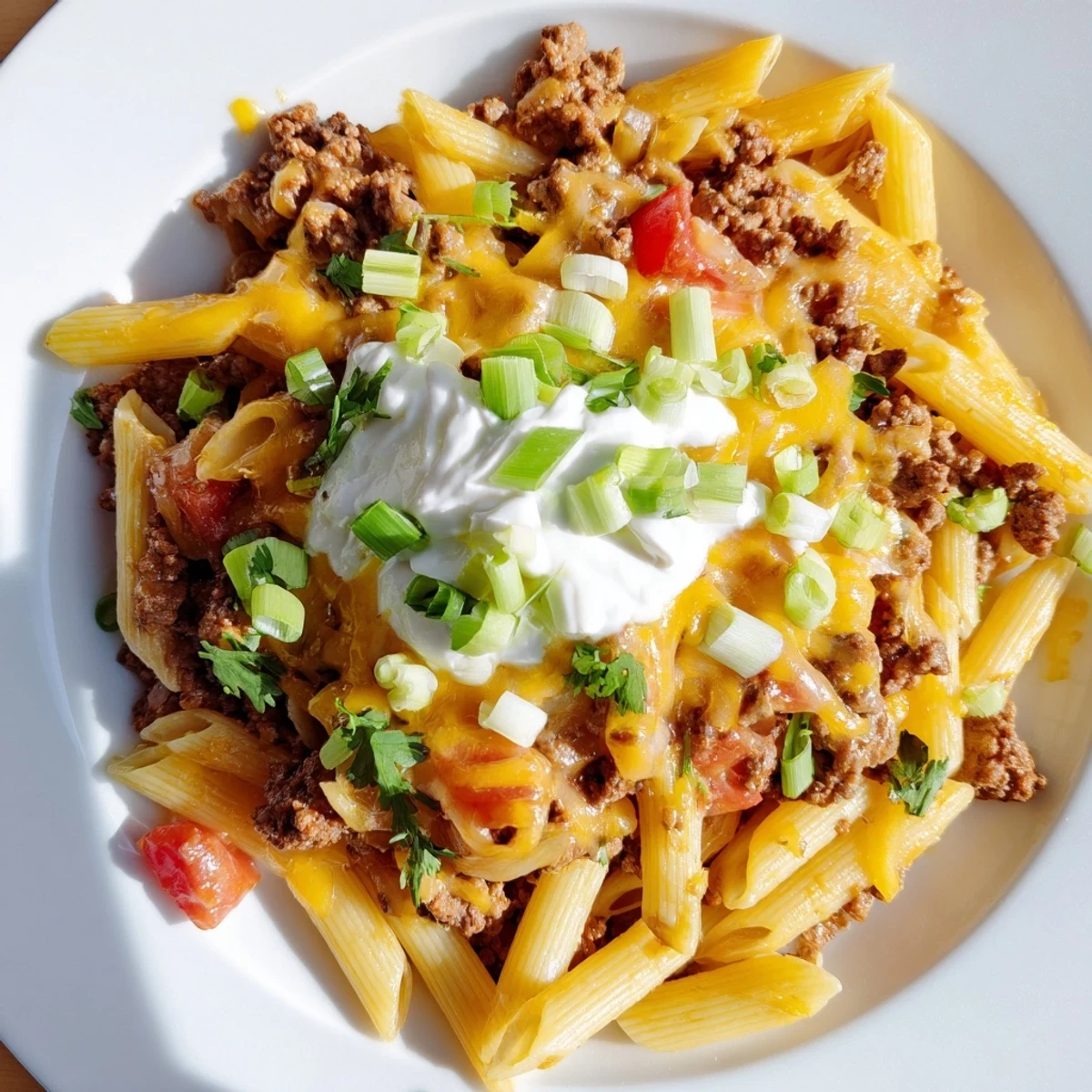 One-Pot Taco Pasta with melted cheese and fresh herbs, ready for a delicious Tex-Mex dinner.
