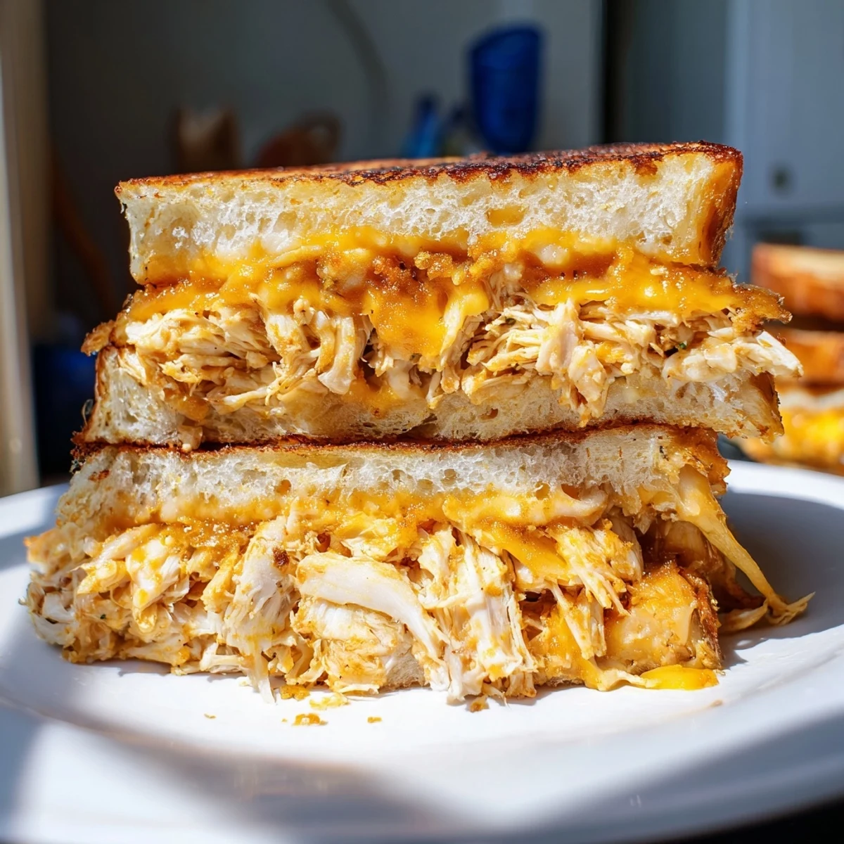 Golden, melted cheese oozes from a Spicy Crispy Chicken Sandwich Grilled Cheese on toasted bread.