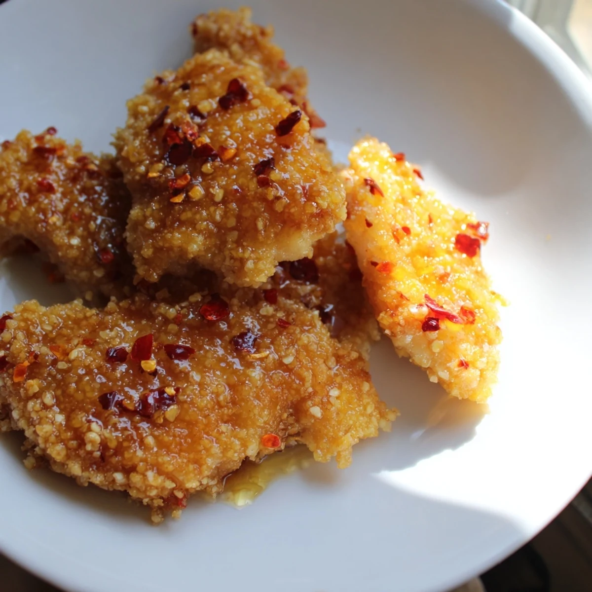 Golden-brown, crispy Hot Honey Crispy Chicken Thighs glistening with a sweet and fiery honey glaze.