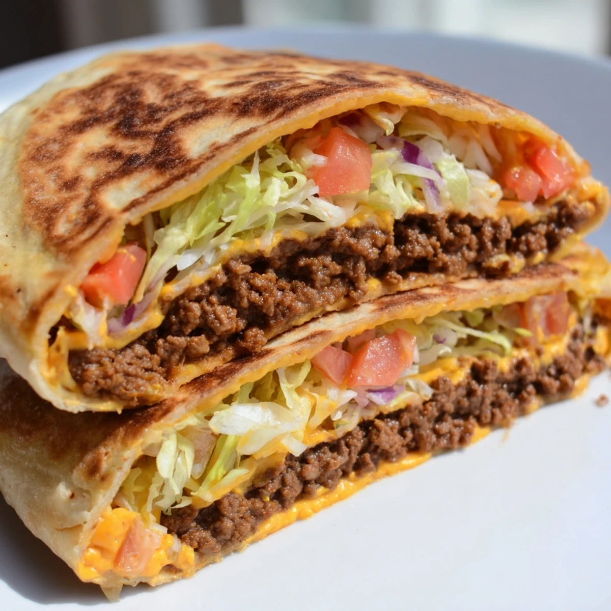 A sizzling Crunchwrap Supreme reveals layers of seasoned beef, cheese, and crunchy tostada shell textures.