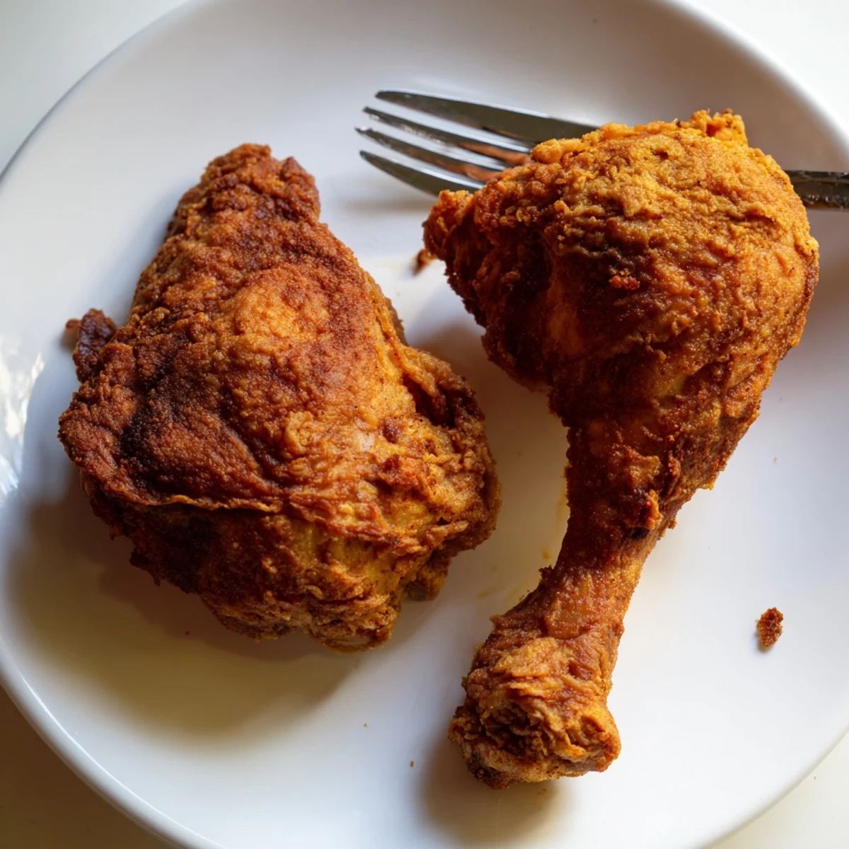 Golden, crispy KFC-style fried chicken, the crunchy coating a highlight of this recipe.