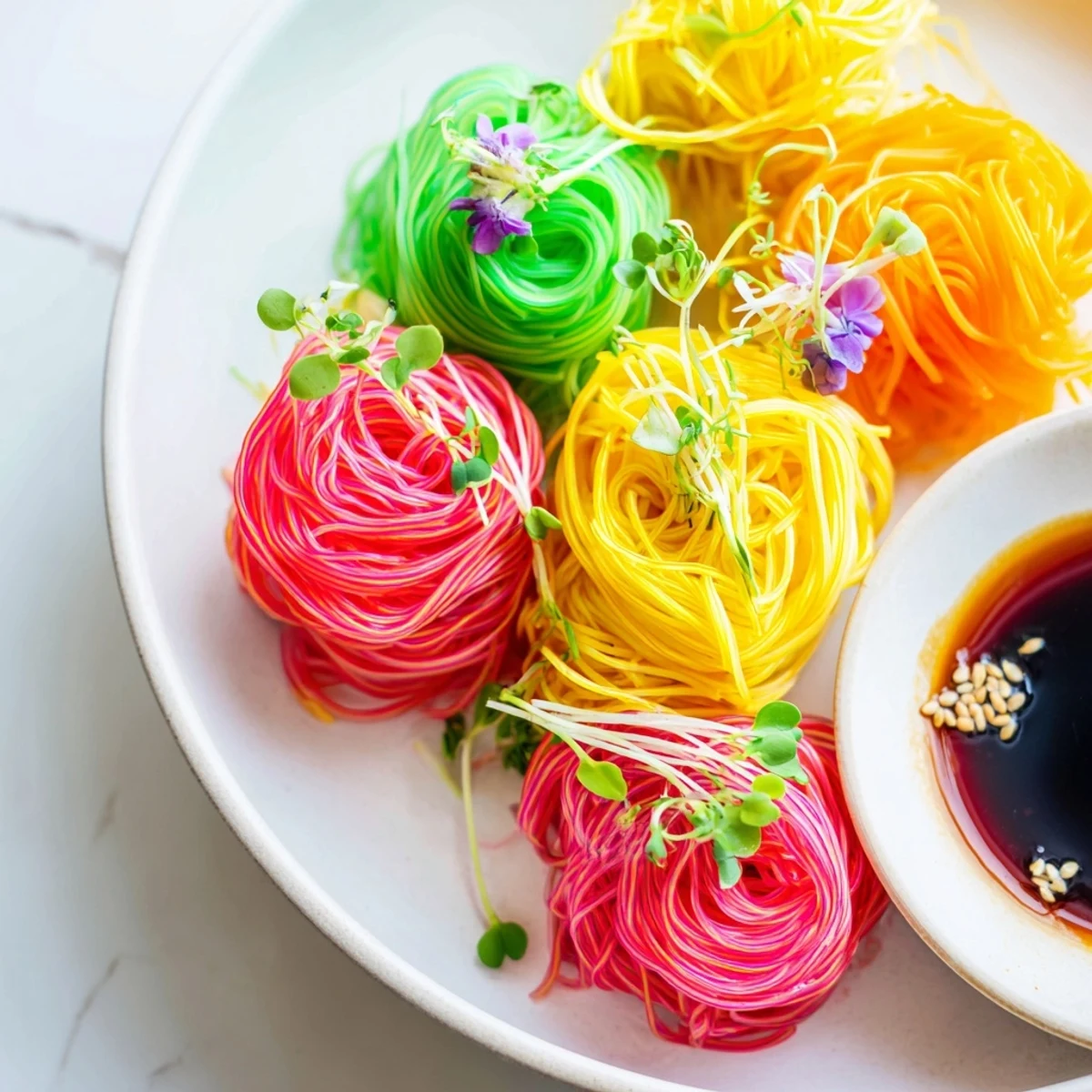 A vibrant bowl of neon noodle clouds, chilled and ready to dip into savory sauce.