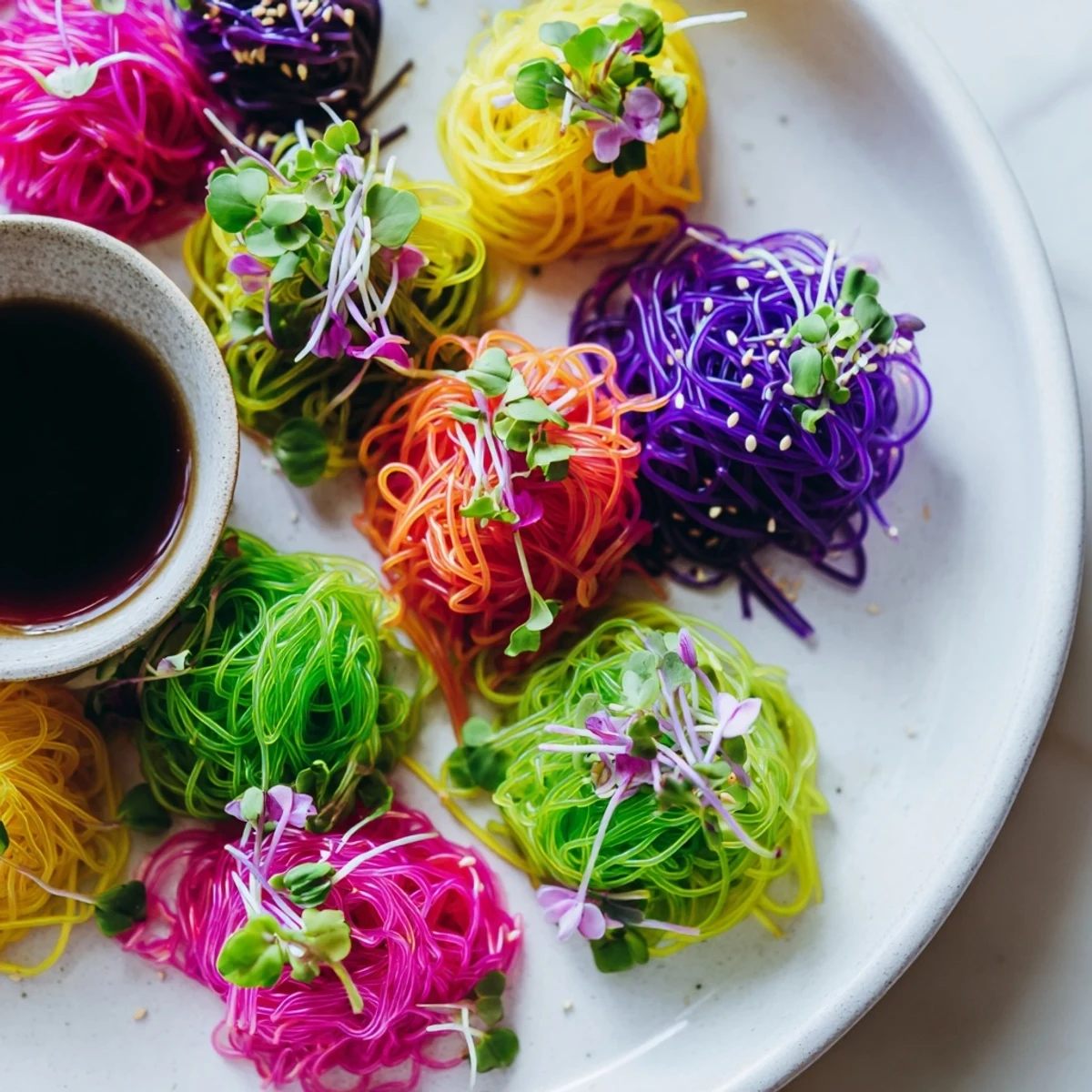 Whimsical neon noodle clouds, a colorful appetizer served with a flavorful dipping sauce on the side.