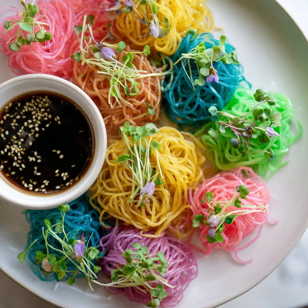 Imagine the bouncy texture of neon noodle clouds, served chilled and ready for a savory dipping experience.