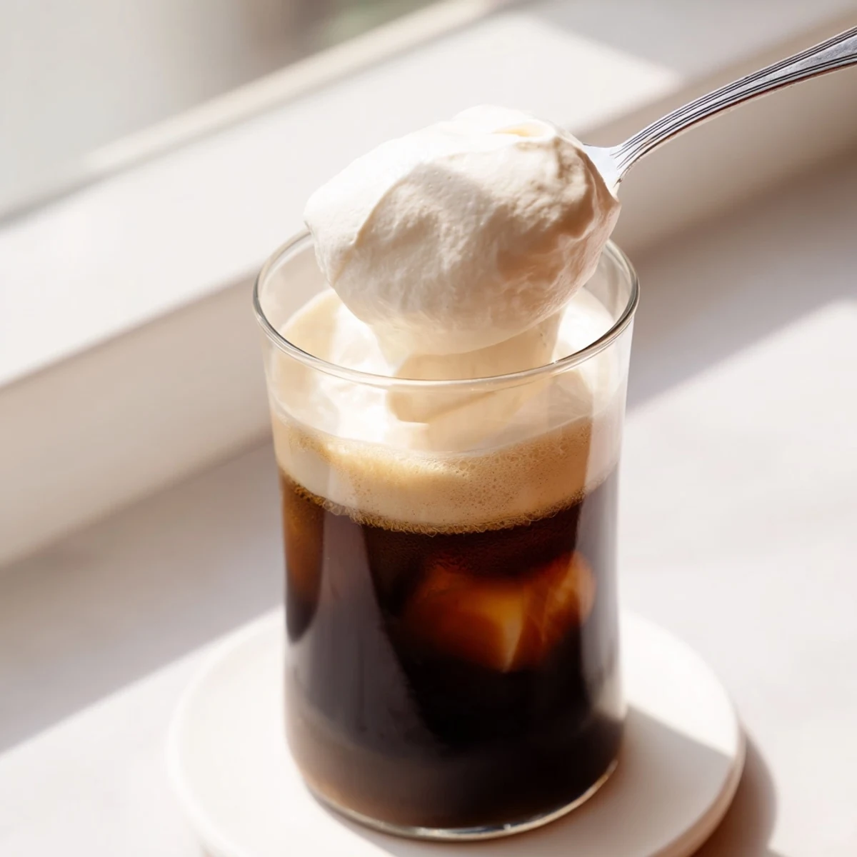 Creamy homemade Starbucks cold foam, perfectly aerated in a clear glass, ideal for delicious coffee.