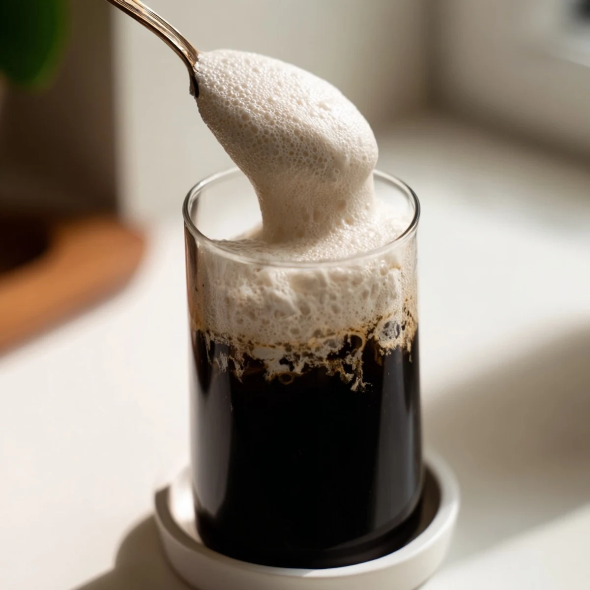 Delectable Starbucks cold foam, thick and sweet, a velvety cloud spooned over a chilled coffee drink.