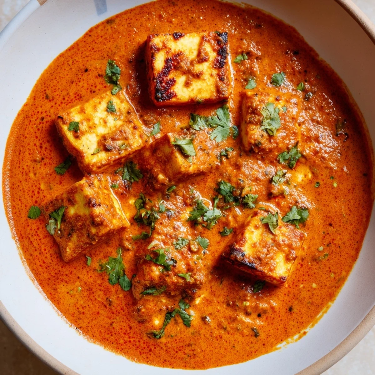 Tender Paneer Tikka Masala in a luscious, spiced tomato cream sauce, garnished with fresh cilantro.
