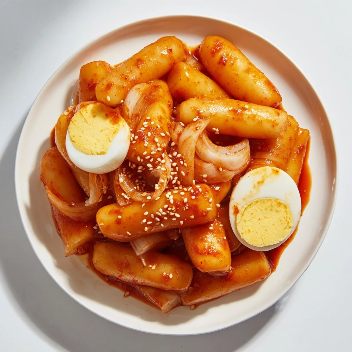 Close-up of spicy-sweet Korean Tteokbokki; chewy rice cakes and tender eggs bathed in red gochujang.