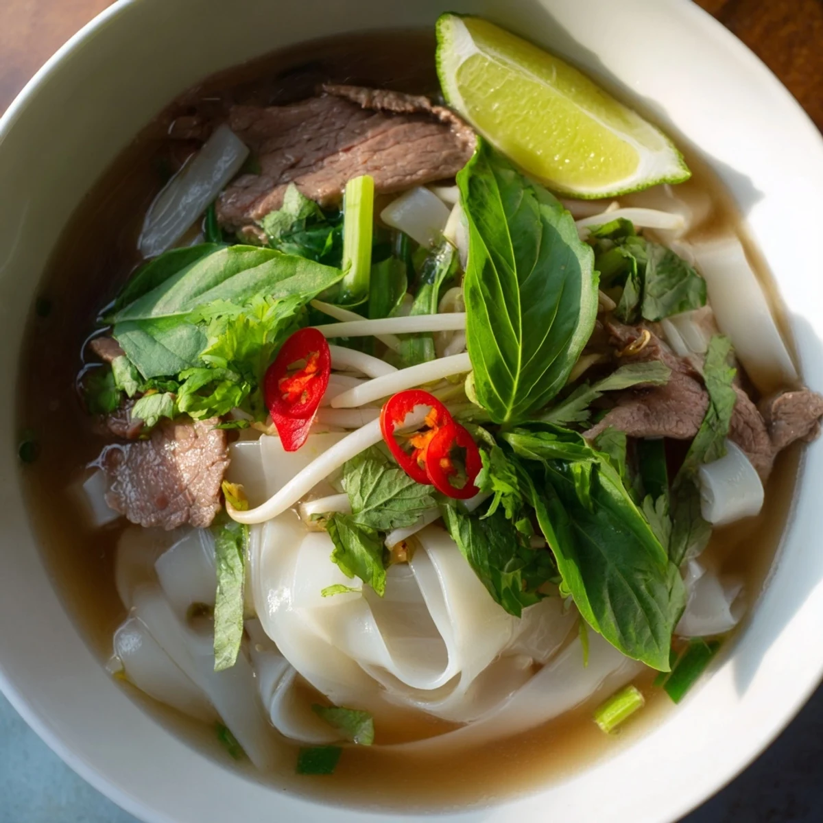 Steaming bowl of flavorful Vietnamese Pho Express, featuring tender beef and fresh herbs.