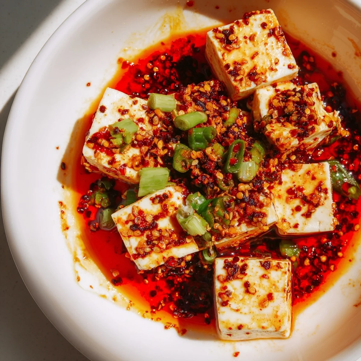 Savory and spicy Mapo Tofu simmering, with red chile oil, served atop fluffy, steamed rice.