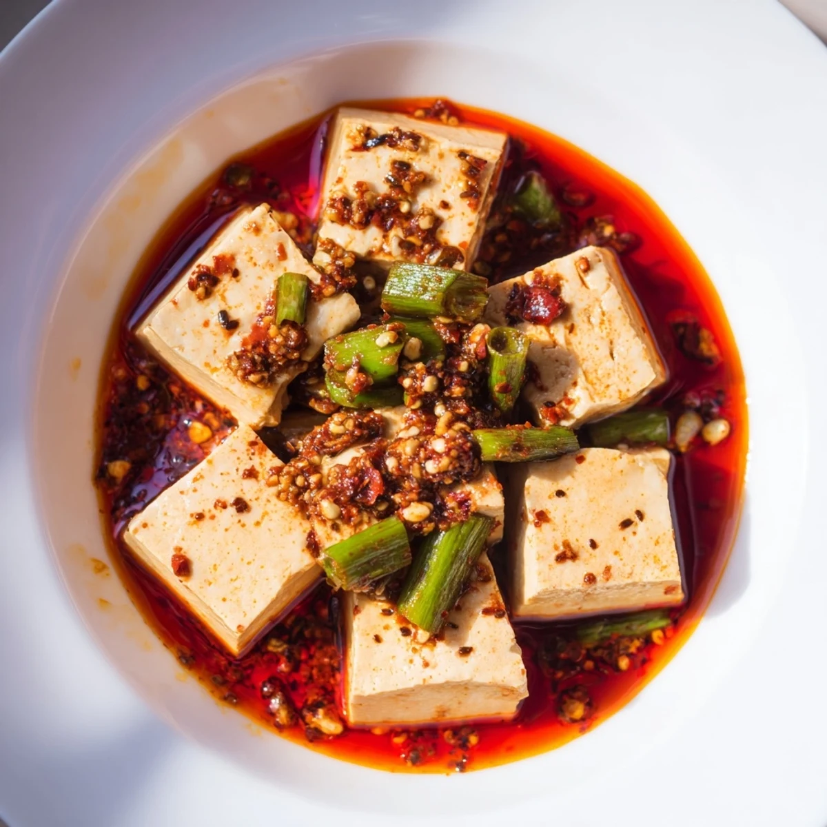 Close-up of a bowl of Mapo Tofu, featuring silky tofu and a rich, fragrant, flavorful sauce.