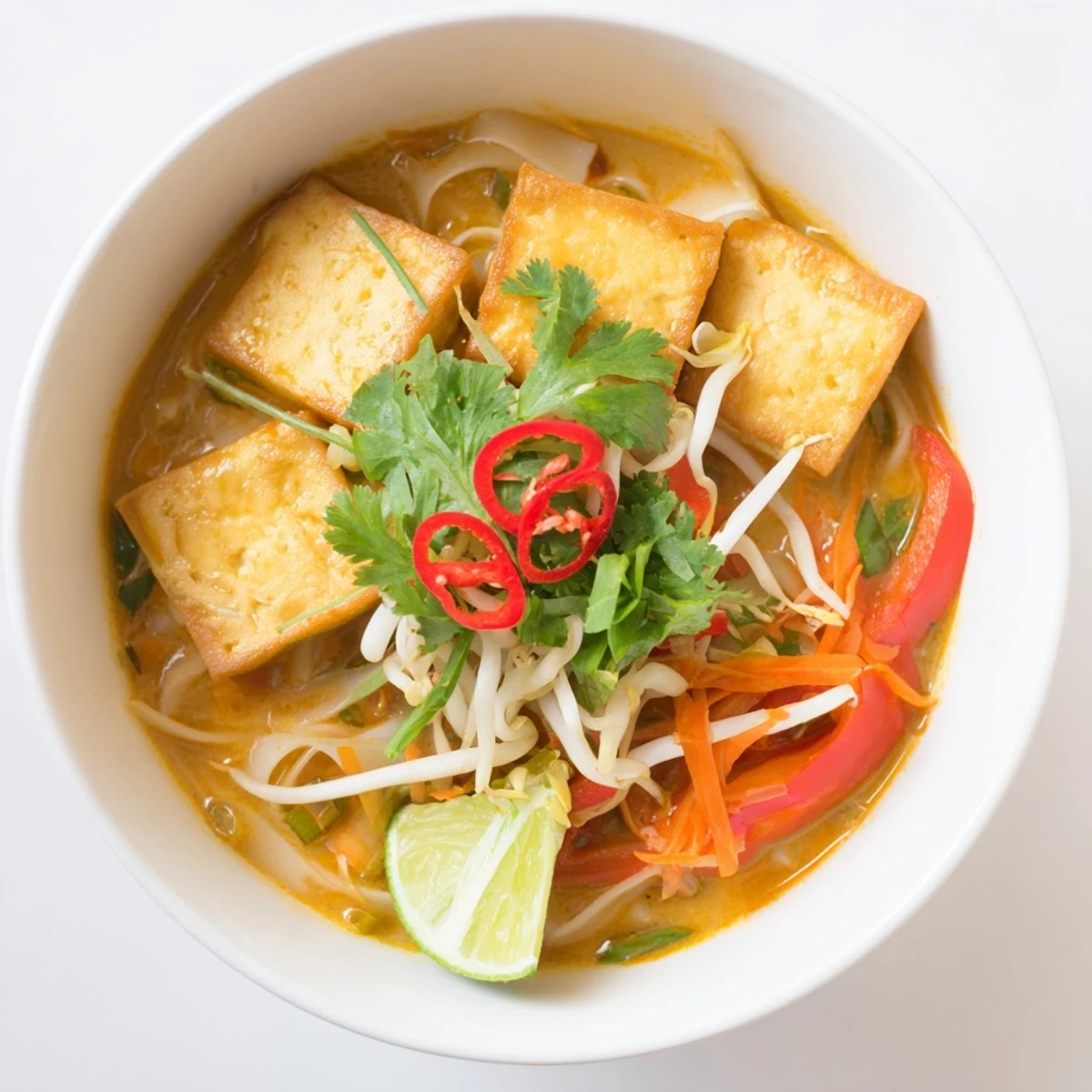 Steaming bowl of Malaysian Laksa Curry bursting with colorful vegetables and fragrant broth, ready to eat.