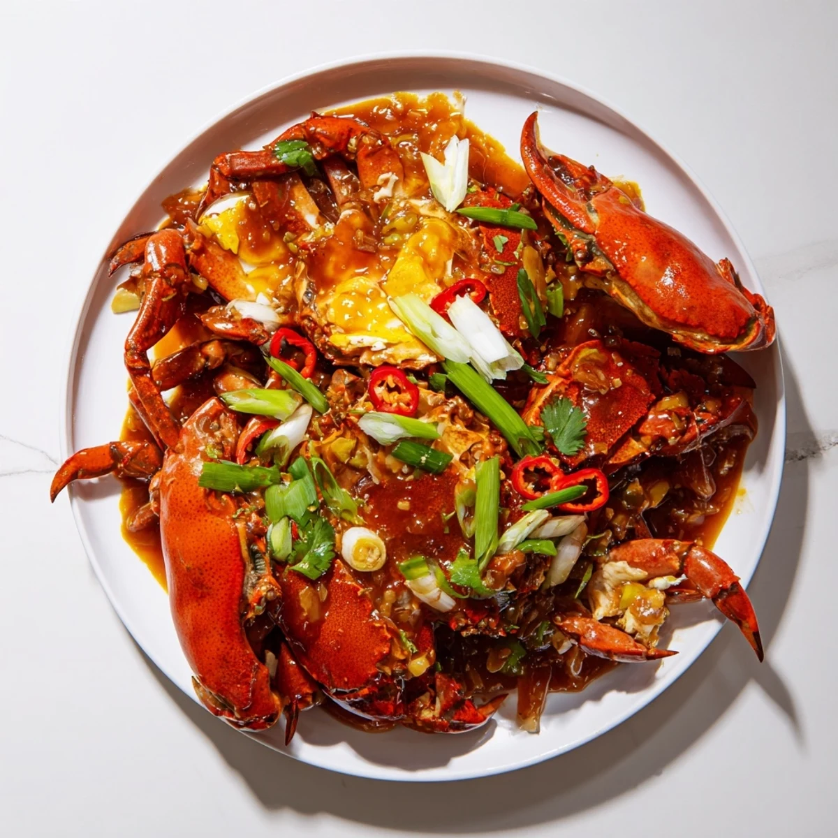 Close-up of fragrant Singaporean Chili Crab overflowing in a wok, served with fresh herbs and lime.