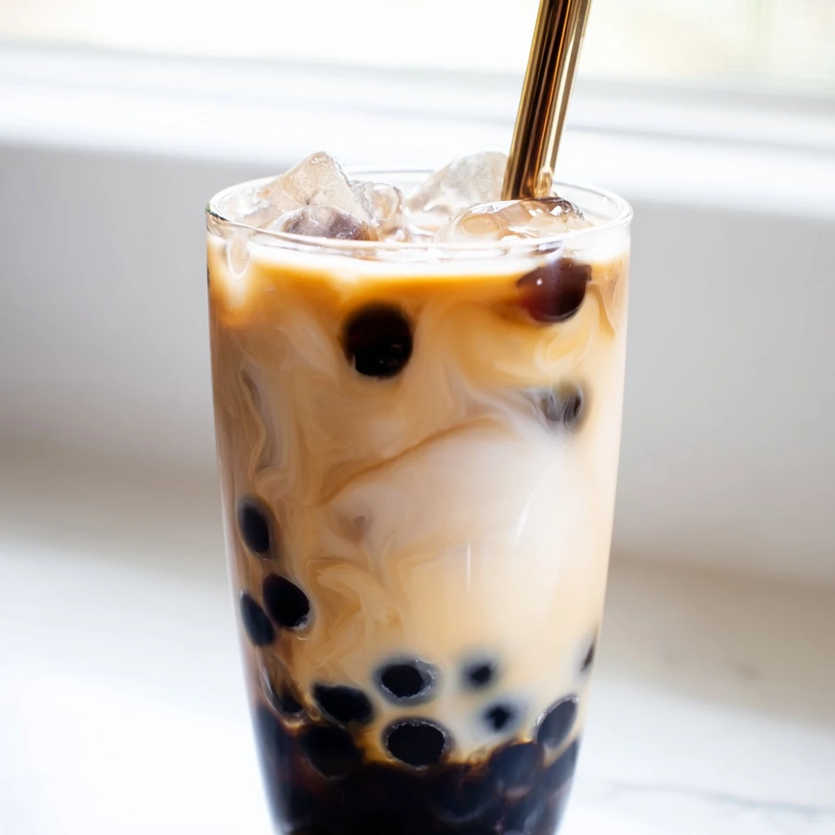 Two glasses of Boba Tea Hack – Instant Bubble Tea with Sweetened Condensed Milk filled with ice and chewy tapioca pearls.