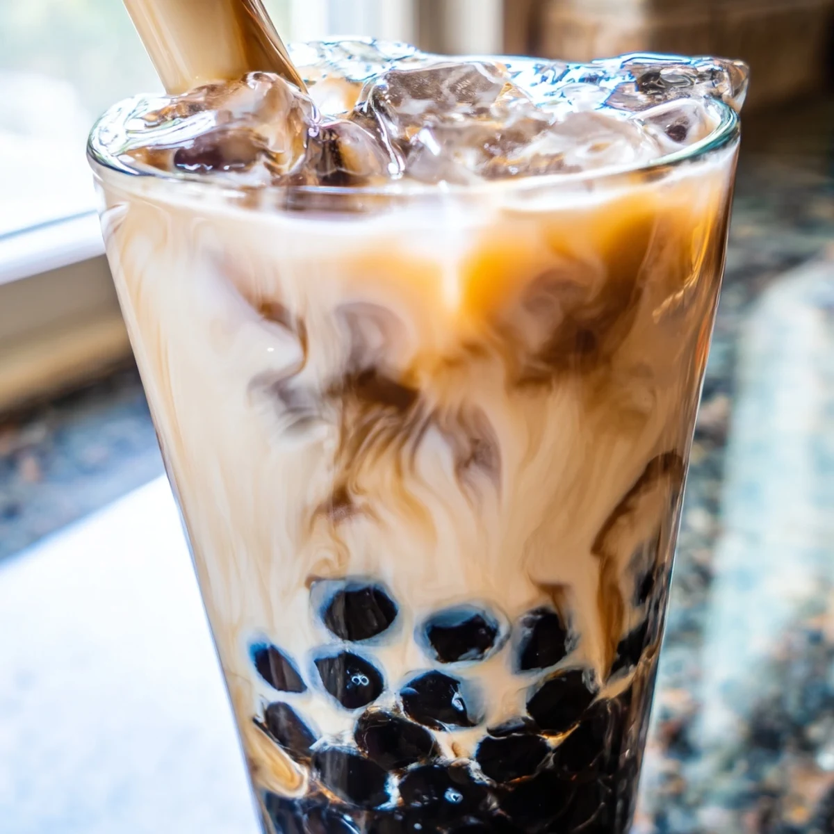 A top-down view of Boba Tea Hack – Instant Bubble Tea with Sweetened Condensed Milk featuring creamy milk tea over ice and pearls.