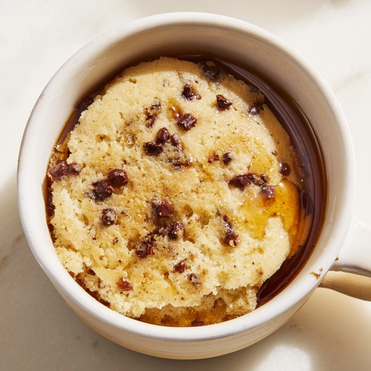 An overhead shot of the fluffy microwave mug pancake garnished with a pat of butter and a fork, perfect for a satisfying morning snack.