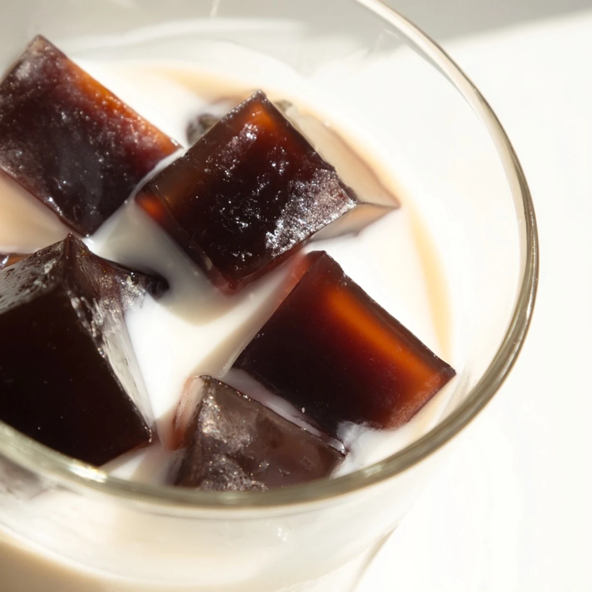 A chilled glass of Coffee Jelly Drink is packed with dark coffee jelly cubes and ice, swirled with sweet cream for a perfect summer pick-me-up.
