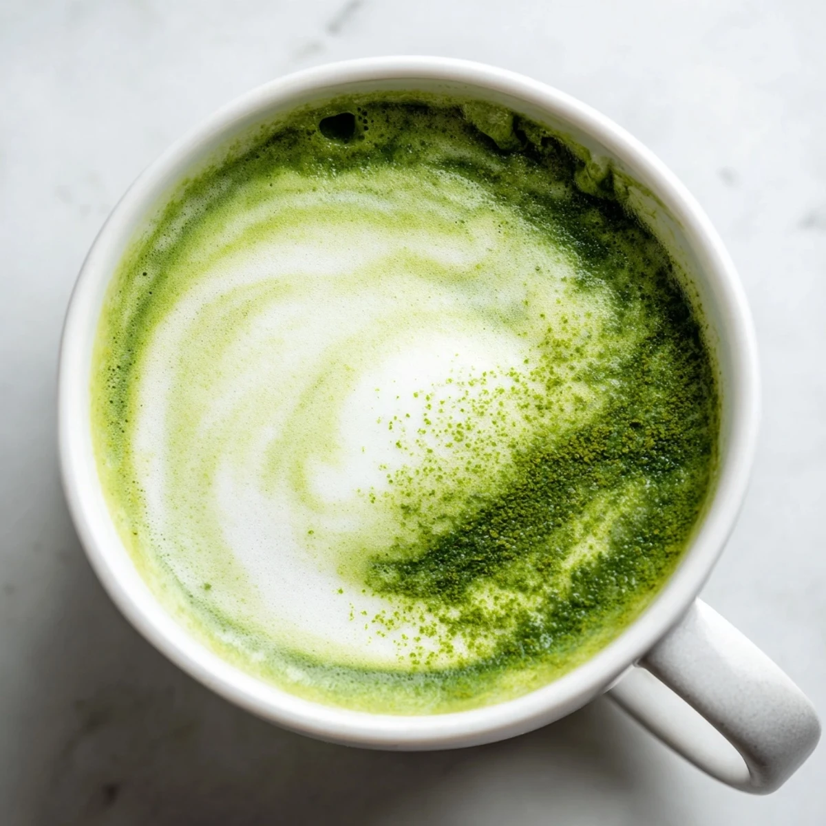 Creamy Matcha Green Tea Latte topped with velvety foam, served hot in a clear glass mug.