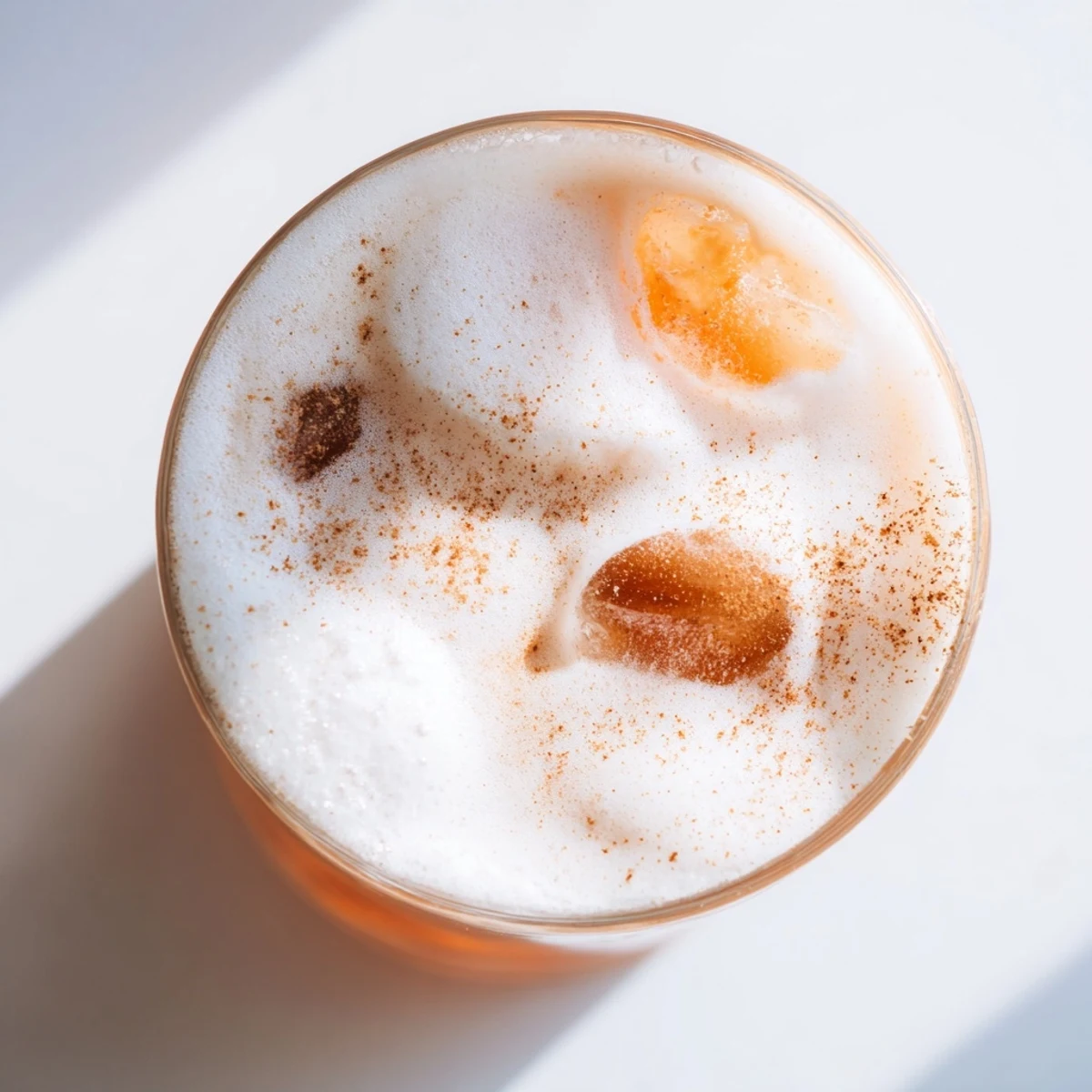 A clear view of an Iced Chai Tea with Cold Foam, garnished with a dusting of ground cinnamon in a tall glass.