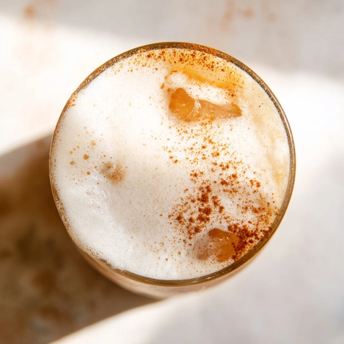 Close-up of creamy cold foam topping a glass of Iced Chai Tea with Cold Foam over clear ice cubes.