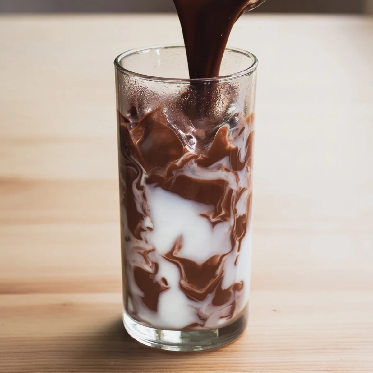 A tall glass of Milo Ice Latte Hack with ice cubes, chocolatey malt powder, and creamy milk swirling together for a refreshing summer drink.  