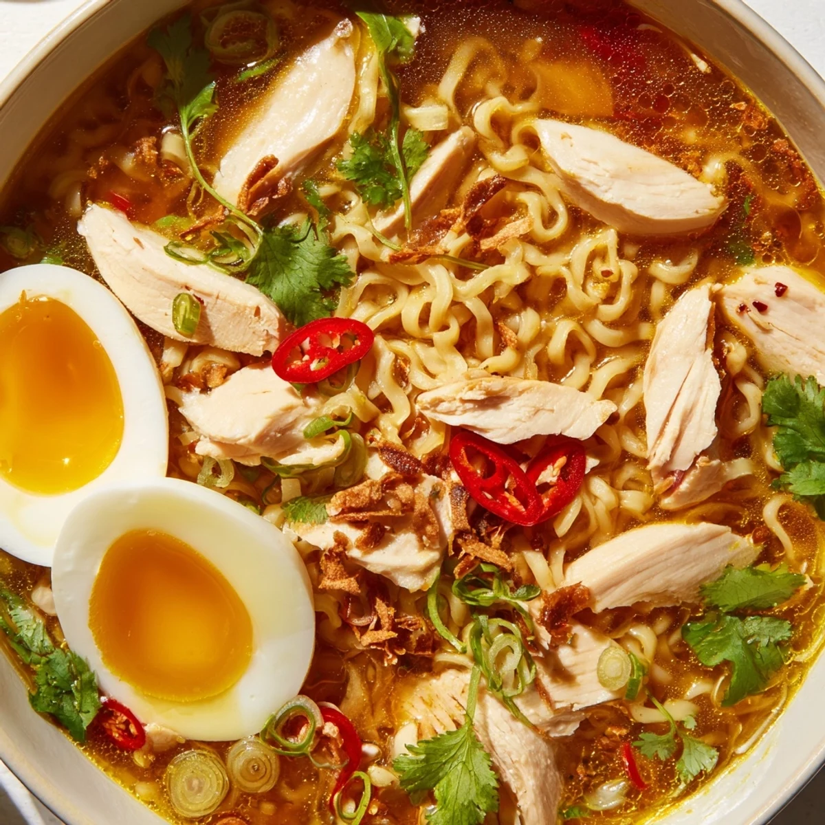 A steaming bowl of Thai Miso Ramen features sliced chicken, soft-boiled eggs, bok choy, and crispy shallots over noodles.