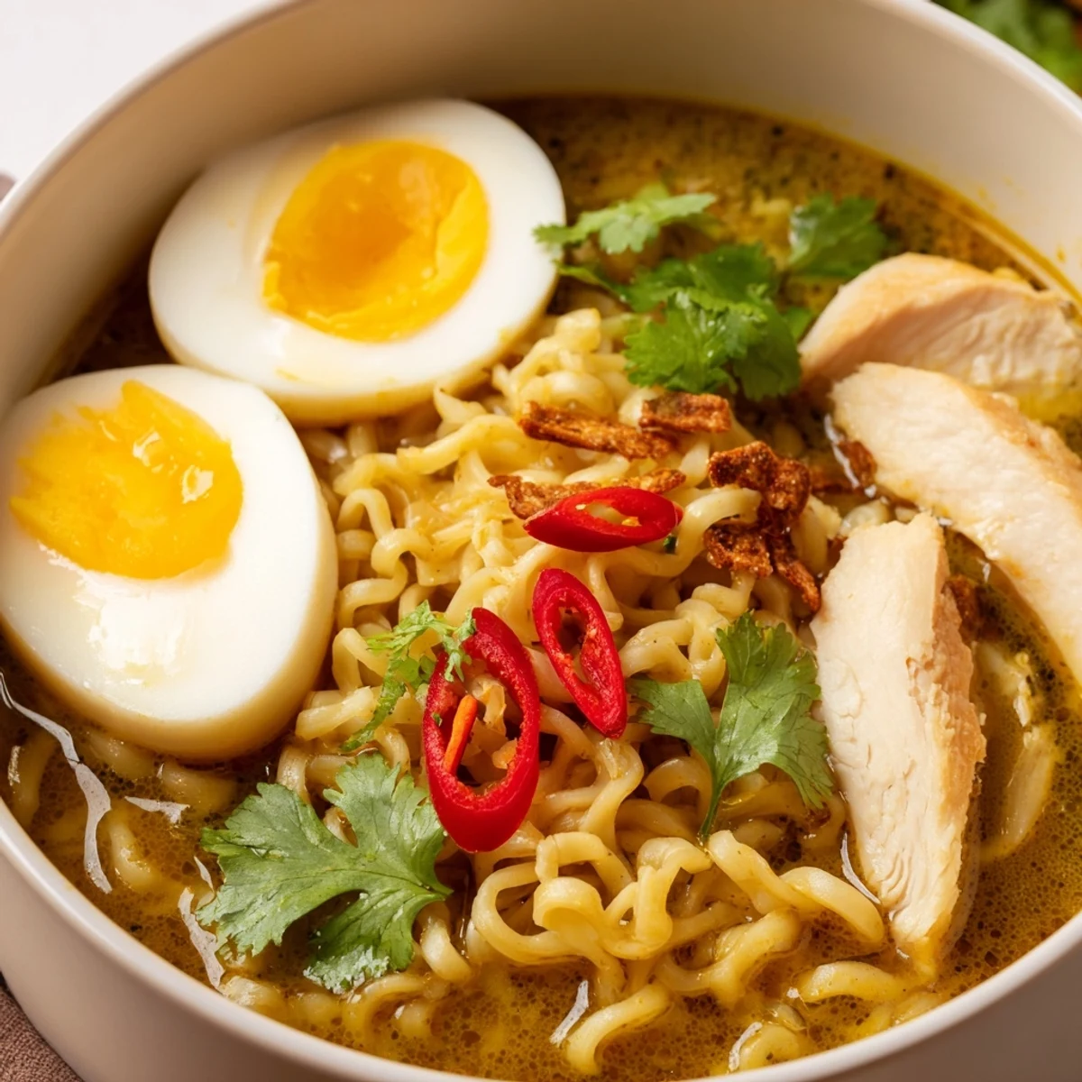 Thai Miso Ramen Bowl showcases golden chicken, fresh bok choy, and halved eggs in a fragrant, umami-rich broth.
