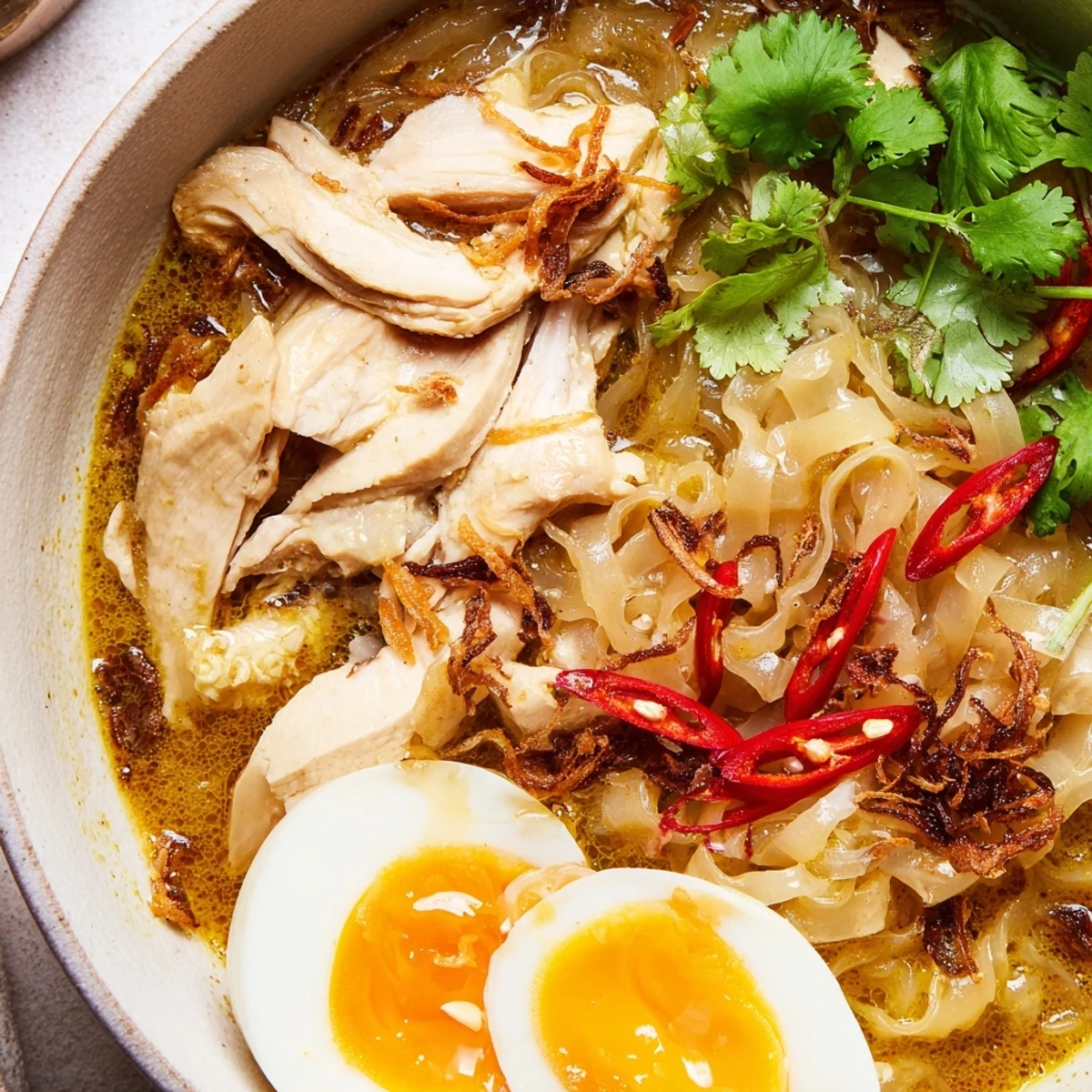 Thai Miso Ramen Bowl garnished with scallions, cilantro, chili slices, and crispy shallots, ready to serve with lime.