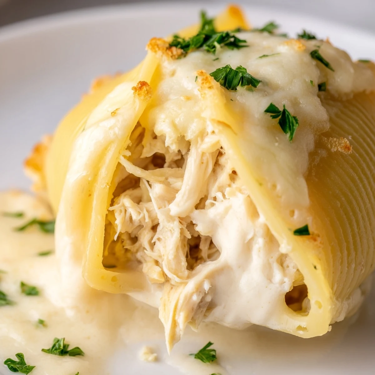 Freshly baked Chicken Alfredo Stuffed Shells with golden melted cheese bubbling over creamy pasta.
