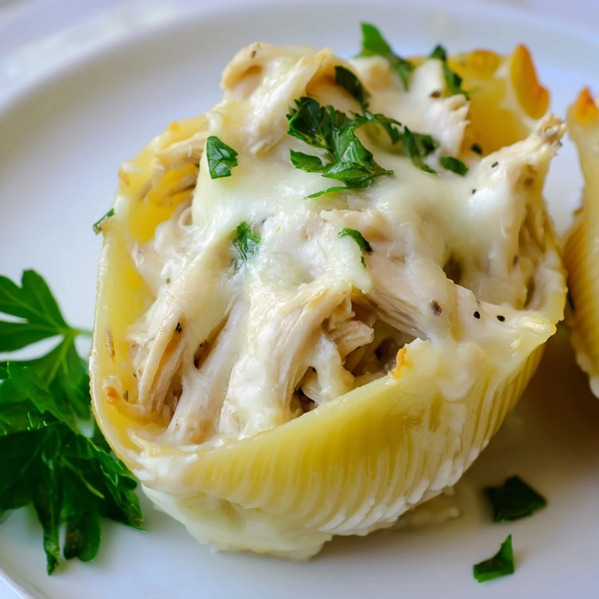 Golden-brown Chicken Alfredo Stuffed Shells served on a white plate with fresh parsley garnish.