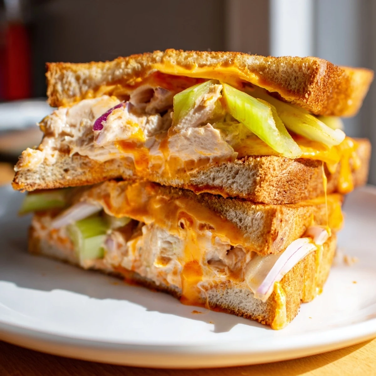 Golden-brown sourdough slices stuffed with spicy tuna salad and melted cheddar cheese, served hot with fresh tomato slices.