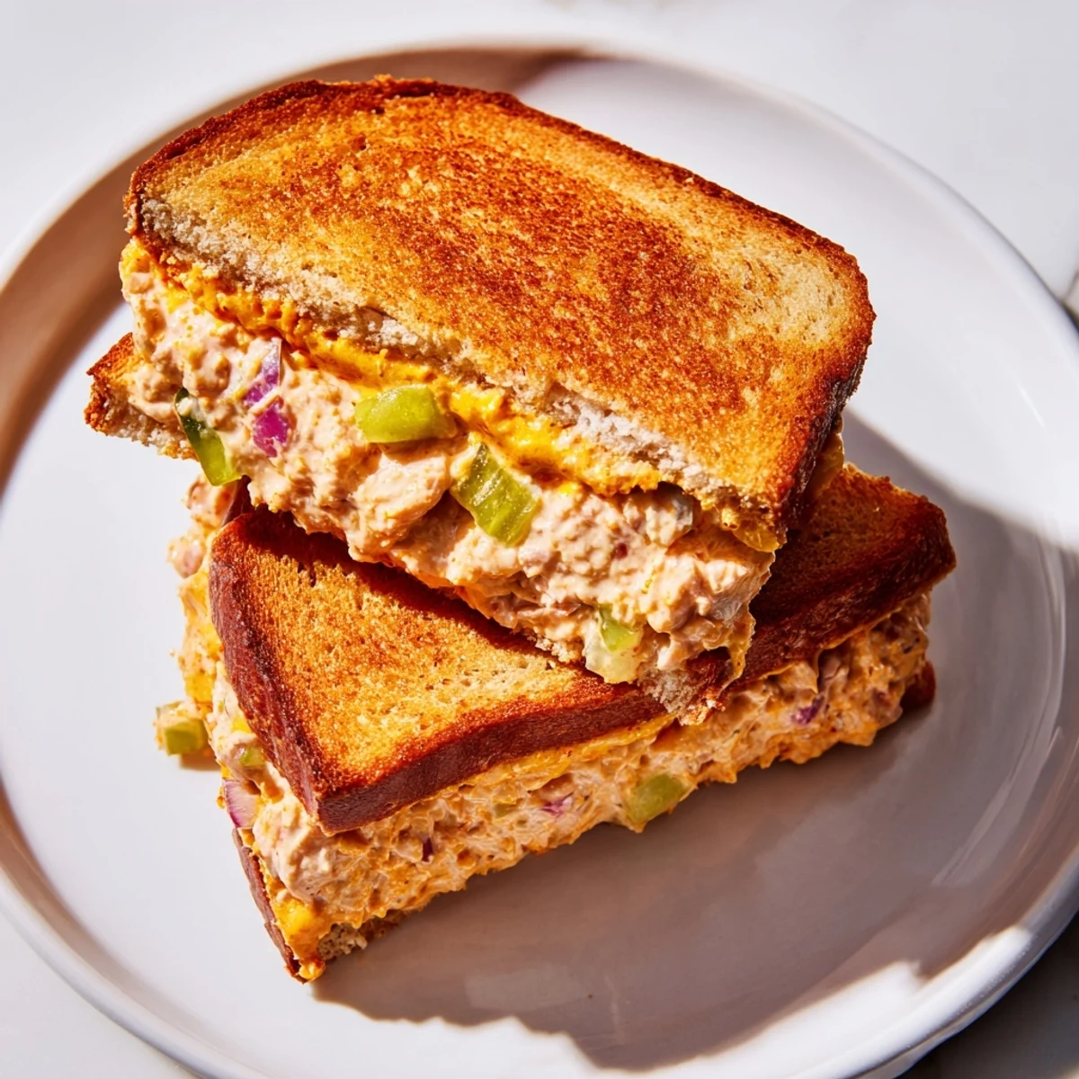 Griddled Spicy Tuna Melt sandwich cut in half, revealing flaky tuna salad and melted pepper jack inside.
