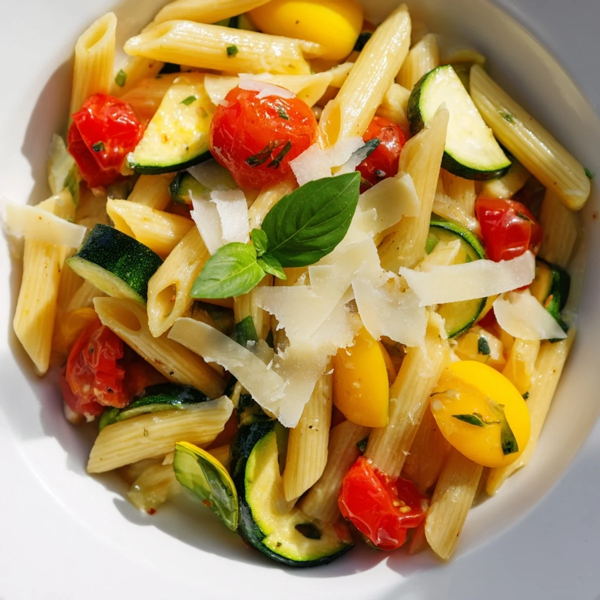 A close-up of Garden Veggie Pasta featuring al dente penne coated in olive oil with tender zucchini, yellow squash, and blistered cherry tomatoes.