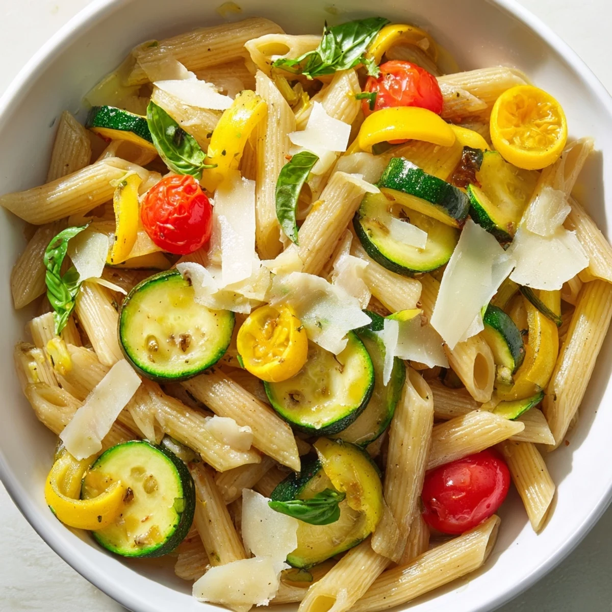Bright overhead view of Garden Veggie Pasta garnished with fresh basil ribbons, lemon zest, and a light garlic-infused olive oil sauce.