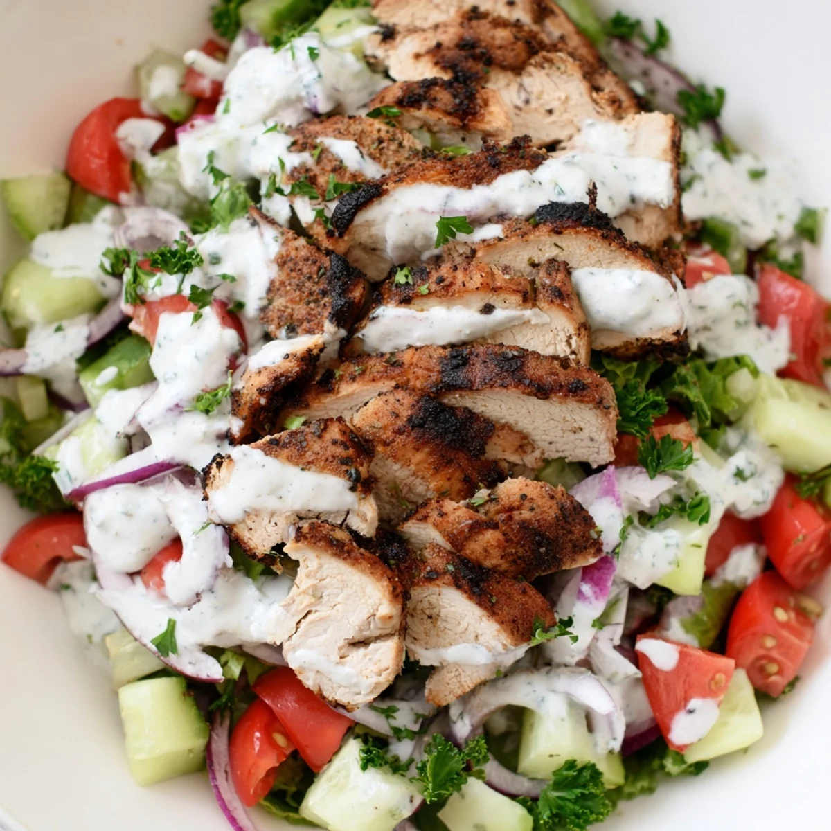 Colorful Chicken Shawarma Salad topped with juicy, spice-rubbed grilled chicken slices, diced cucumbers, tomatoes, and fresh parsley on a bed of mixed greens. 