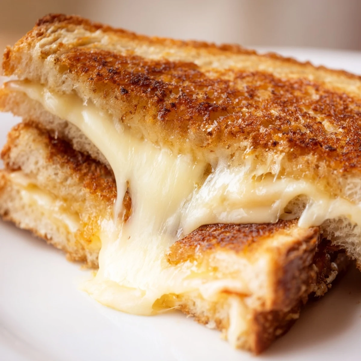Close-up of a Three-Cheese Grilled Cheese, highlighting the stretchy, melted cheese pull and golden, crispy bread texture.