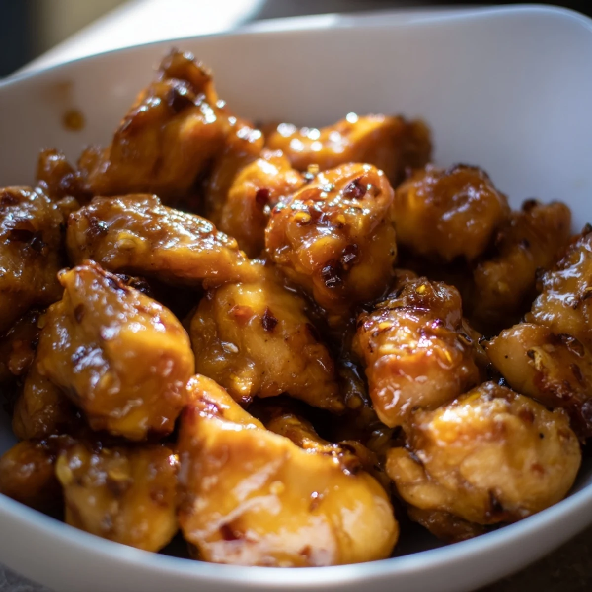Steamed broccoli florets and fluffy jasmine rice cradle tender pieces of sweet chili chicken, ready for dinner.
