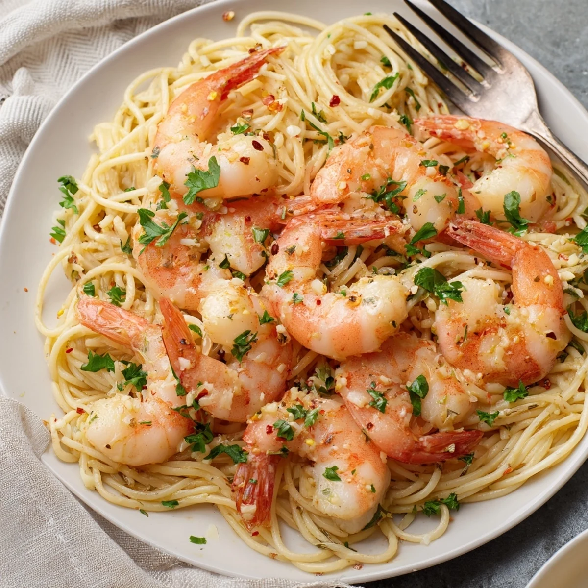 Juicy pink shrimp mingle with al dente spaghetti, garlic, and fresh parsley in a glossy skillet, showcasing this Lemon Garlic Shrimp Pasta.