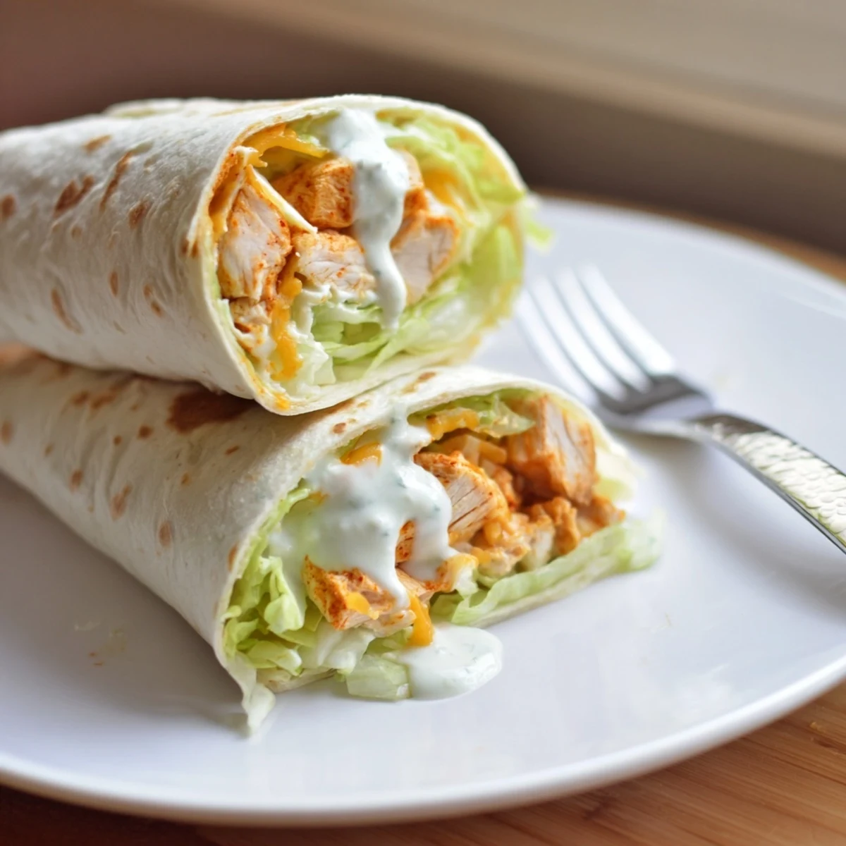 A vibrant Buffalo Ranch Chicken Wrap served with celery sticks and a small bowl of ranch, perfect for a quick lunch.
