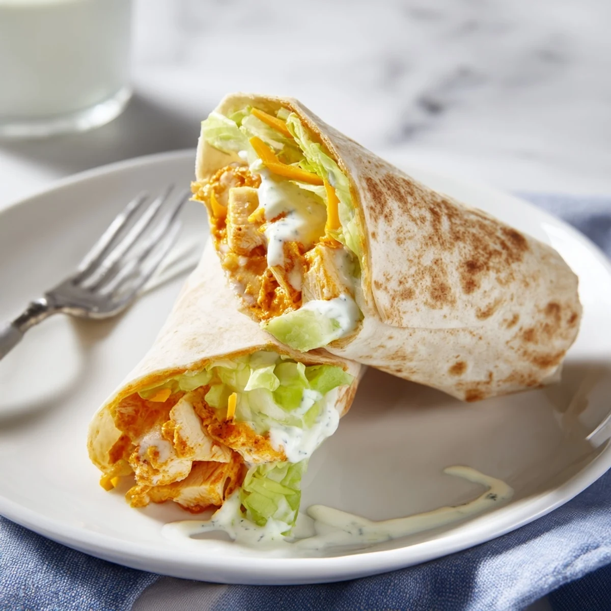 Fresh Buffalo Ranch Chicken Wrap with shredded chicken, creamy ranch drizzle, and extra buffalo sauce on a rustic wooden board.