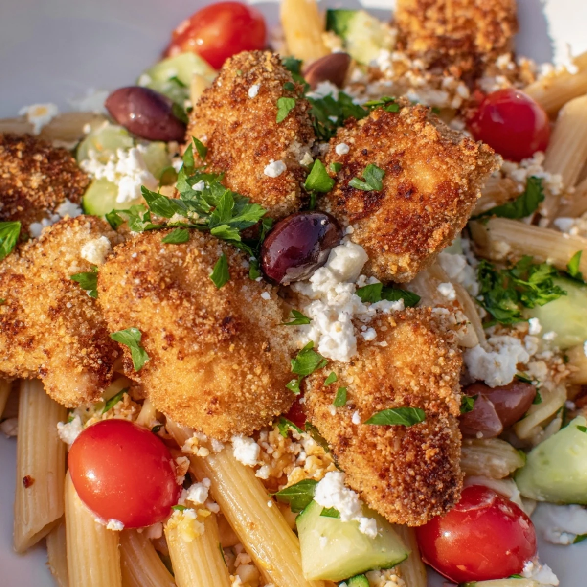 Crispy Chicken Greek Pasta features golden fried chicken bites and penne tossed with fresh cucumbers, tomatoes, olives, and feta.