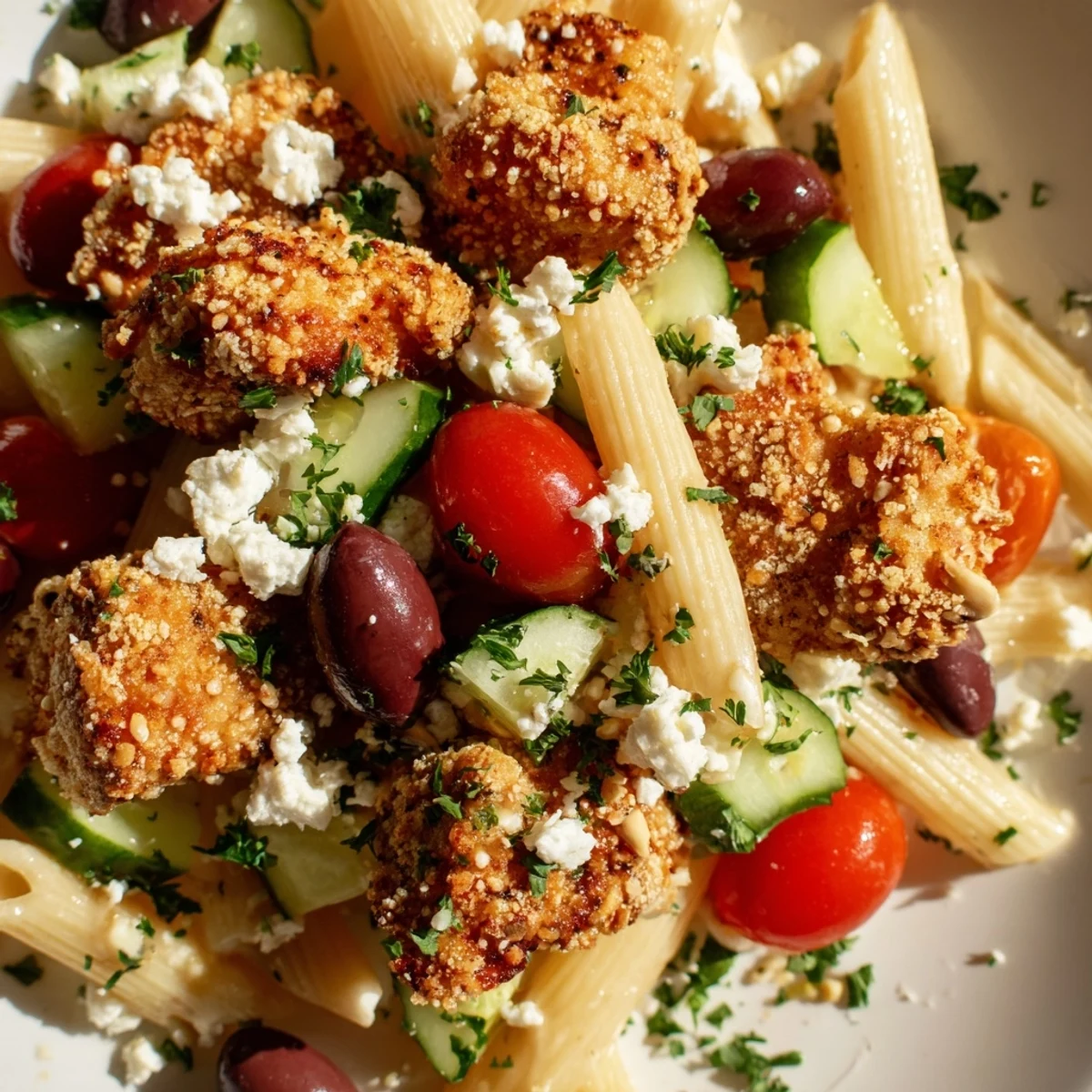 A close-up of Crispy Chicken Greek Pasta highlights juicy chicken, vibrant Greek salad vegetables, and zesty dressing in every forkful.