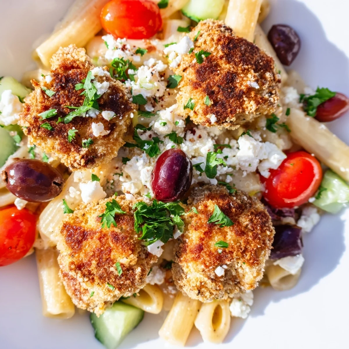 Serve this Crispy Chicken Greek Pasta with a glass of white wine for a flavorful Mediterranean-inspired weeknight dinner for four.