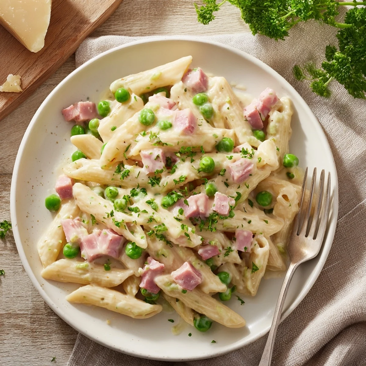 Creamy Spring Pea & Ham Pasta with bright green peas, savory diced ham, and penne tossed in a rich Parmesan sauce.