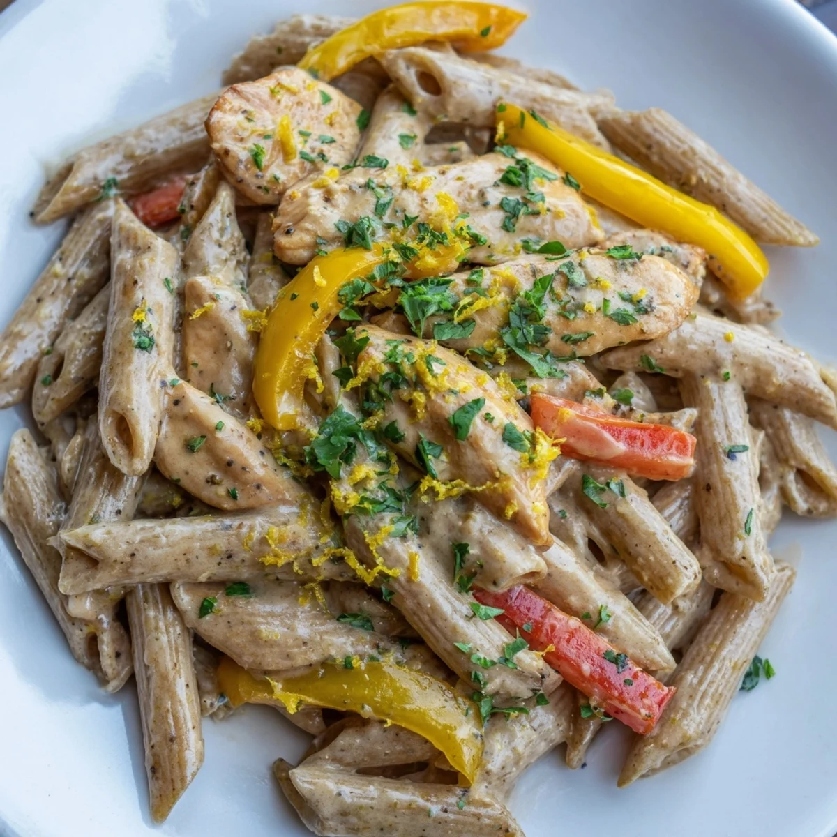 Creamy Cajun Chicken Pasta Lite, served hot with vibrant red and yellow peppers, looks freshly tossed in a light, spicy sauce.